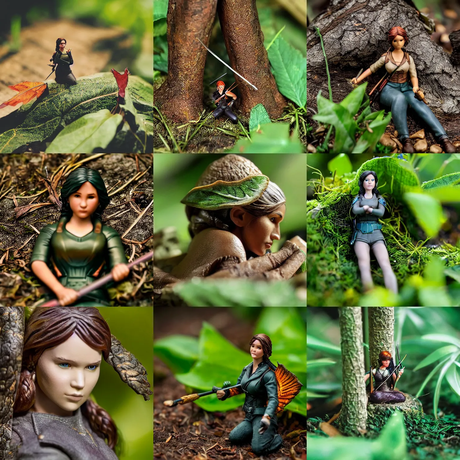 Prompt: Realistic miniature figure of Katniss Everdeen, accurate proportions, sheltering under a leaf in the garden, macro photography