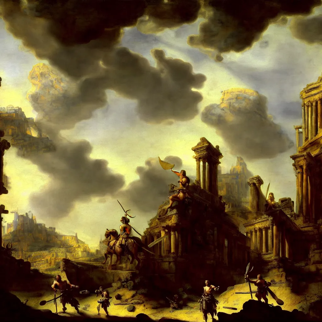 Prompt: painting of a cinematic still of a beautiful female gladiator with blue eyes holding a golden ornate spear in her hand by rembrandt van rijn and hubert robert, 2 0 0 mm, ancient roman ruins in the background, dramatic clouds, city in the distant on fire, pile of gladiator armor in the foreground