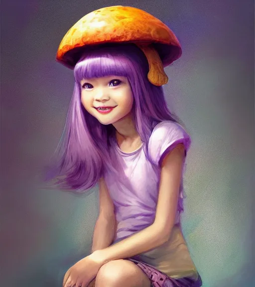 Image similar to a beautiful little girl wearing a mushroom hat sitting | | cute - fine - subtle smile, curved purple hair, face, pretty face, fine details by stanley artgerm lau, wlop, rossdraws, james jean, andrei riabovitchev, marc simonetti, and sakimichan, trending on artstation