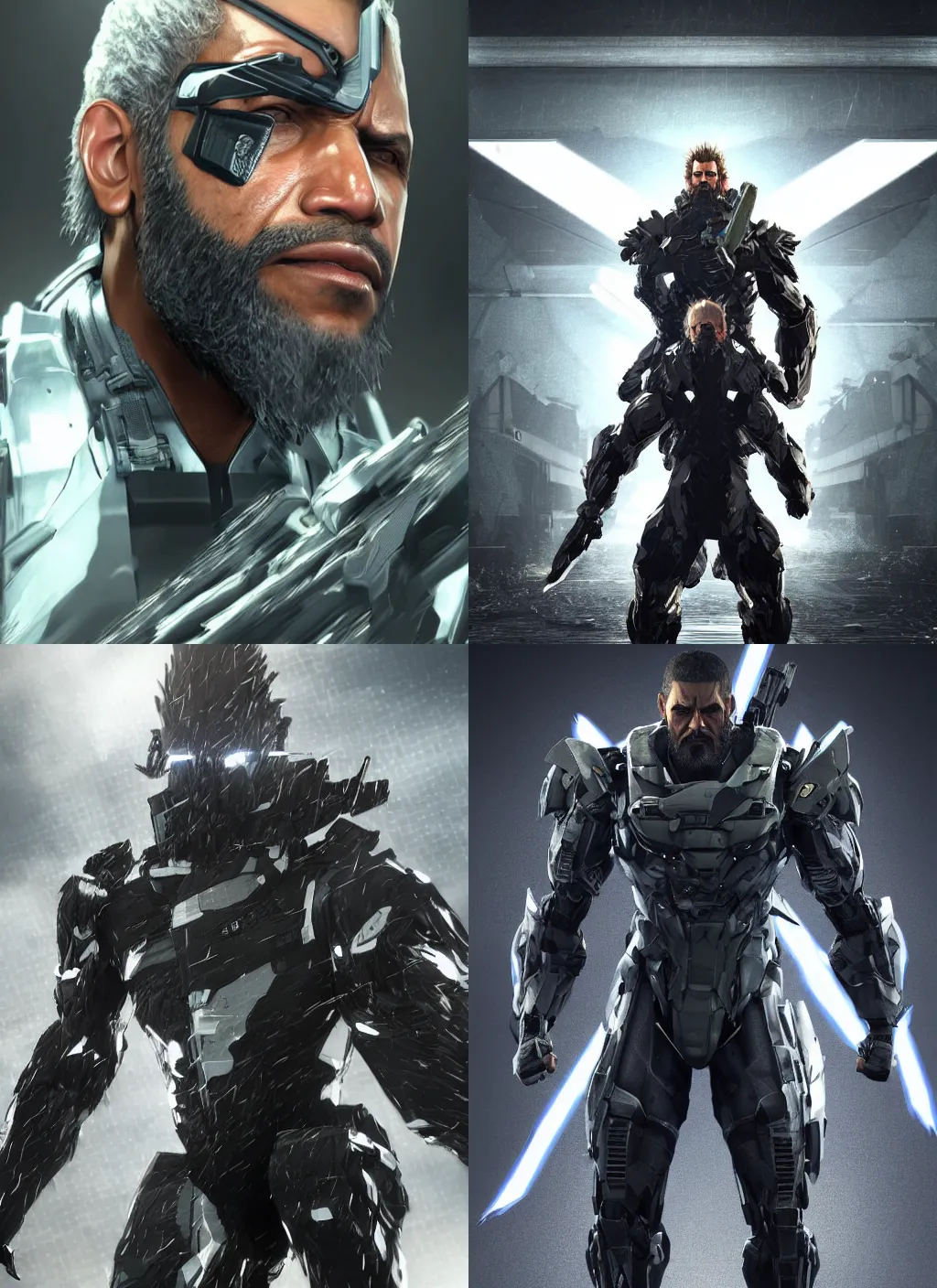 Prompt: full body character portrait of bearded barack obama in metal gear rising revengeance, metal gear rising, metal gear, barack obama, octane render, 8 k, realistic face, ray tracing, ps 5, subsurface scattering, realistically proportioned head, realistically proportioned face, ambient occlusion