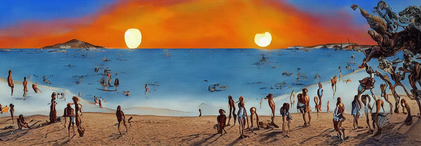 Image similar to People in beach by Salvador Dali and Bob Ross collaboration, mural, sun set, digital art, high details