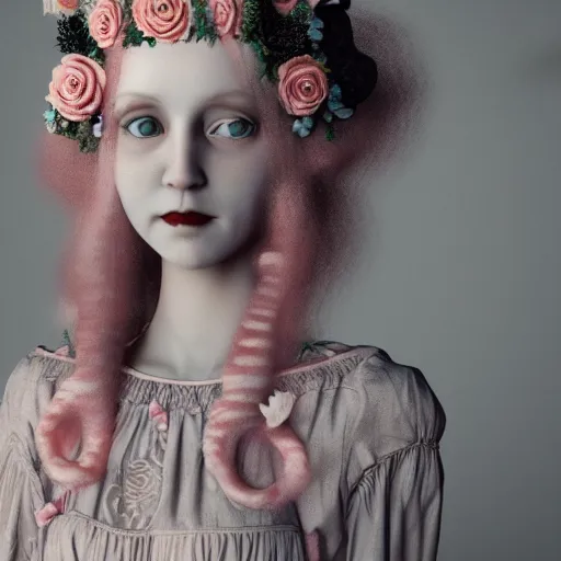 Image similar to 8 k, octane render, realism, tonalism, renaissance, rococo, baroque, cotton candy, portrait of a creepy young lady wearing long 1 9 7 0 s babydoll dress with flowers and skulls