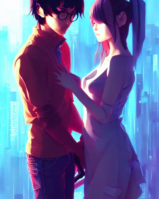 Image similar to young cyberpunk couple falling out of love, portrait shinkai makoto studio ghibli studio key hideaki anno sakimichan stanley artgerm lau rossdraws james jean marc simonetti elegant highly detailed digital painting artstation pixiv