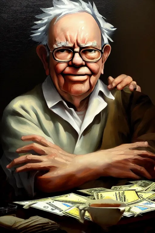 Image similar to baroque oil painting of anime key visual concept art of warren buffet sitting in a bathtub full of usd cash money, award winning, trending on artstation, palette knife! and brush strokes, oil on canvas, makoto shinkai greg rutkowski studio ghibli