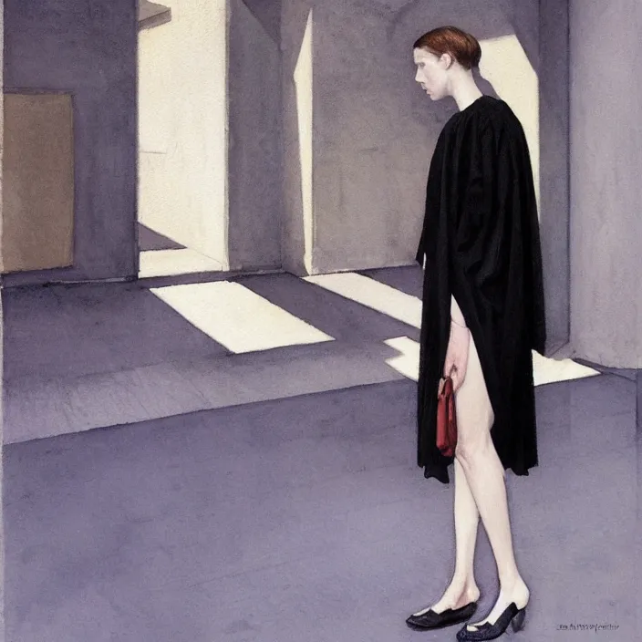 Image similar to woman in black robes, short skirt, in magnificent shopping mall, artstation, watercolor painting, art by edward hopper, zdislav beksinski, wayne barlowe, edward hopper