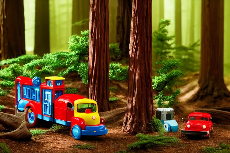 Image similar to fisher price redwood forest, california scene from tv show hyper detailed 5 5 mm 8 5 mm, toy photography