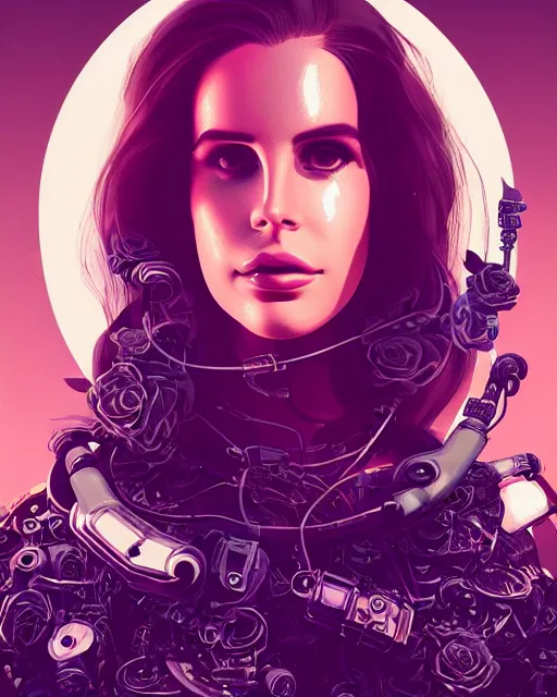 Image similar to portrait of lana del rey as a cyberpunk cyborg. sci - fi intricate abstract upper body intricate artwork, roses, rose petals by tooth wu, wlop, beeple, dan mumford. concept art, octane render, trending on artstation, greg rutkowski, asymmetrical, cinematic arthouse, key art, hyper realism, iridescent accents