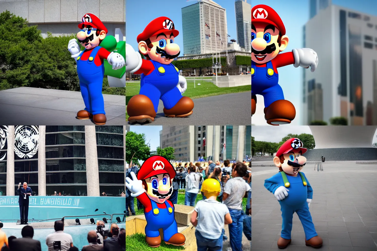 Prompt: Super Mario as a speaker in front of the United Nations, professional photography, realistic