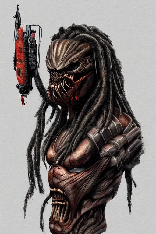 Image similar to predator 1 9 8 7 mask redesign, portrait, highly detailed, dreadlocks, mandables, digital painting, trending on artstation, concept art, illustration