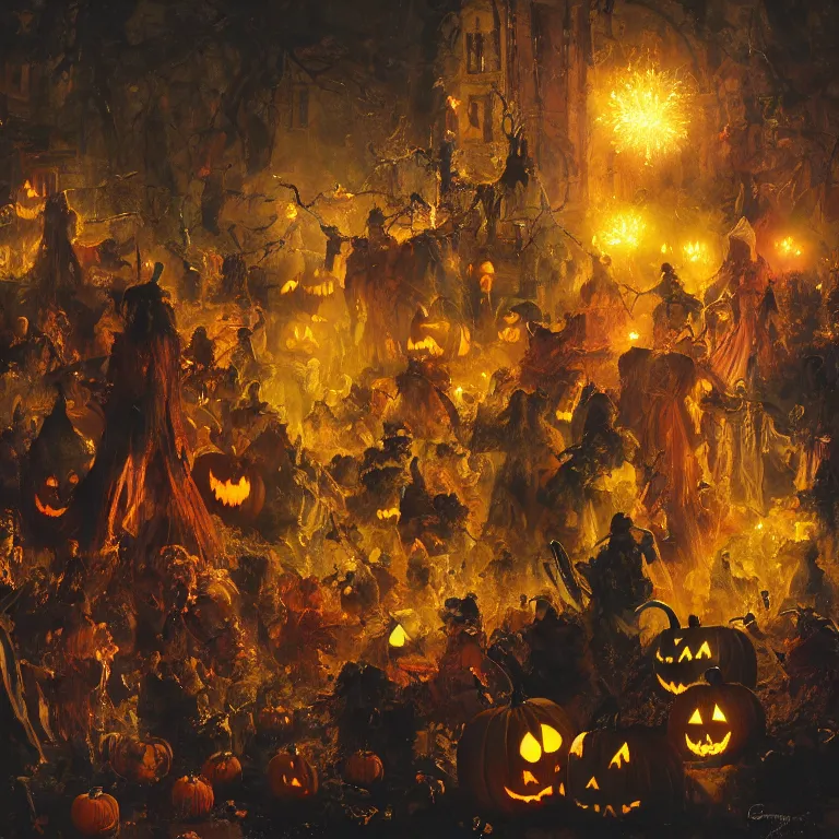 Prompt: halloween celebration with colorful fireworks, 8 k octane beautifully detailed render, post - processing, extremely hyper - detailed, intricate, epic composition, cinematic lighting, masterpiece, trending on artstation, masterpiece, stunning art by anders zorn, wonderful masterpiece by greg rutkowski, beautiful cinematic