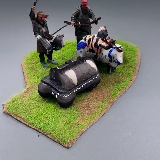 Image similar to Cow wearing a car tire, painted wargaming miniature