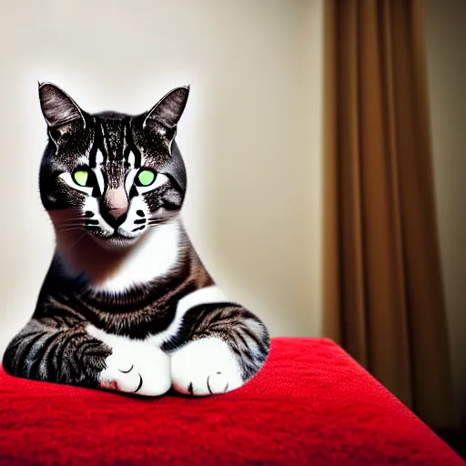 Prompt: photorealistic image of a cat in a space helmet with a zebra body is standing in red knee-high boots in the middle of an apartment from the Soviet Union and looking at the camera, focal length 85mm, photo hunting, realistic image, color photography, excellent quality