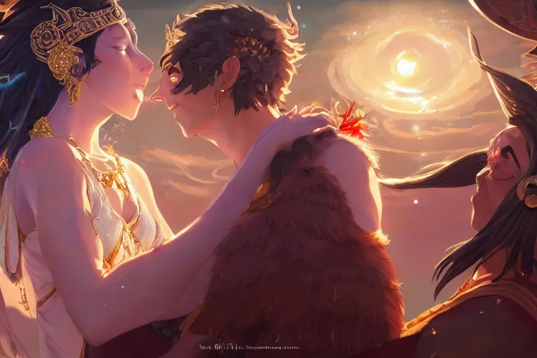 Image similar to close up moment of a divine a sun god and a moon goddess lovers magician at a wedding banquet, highly detailed, d & d, fantasy, 4 k realistic, digital painting, trending on artstation, concept art, sharp focus, illustration, art by makoto shinkai and akihiko yoshida and daniel gerhartz