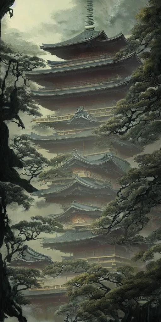 Image similar to japanese style palace under attack, hyper realistic, lush gnarly plants, 8 k, denoised, by greg rutkowski, tom bagshaw, james gurney cozy atmospheric and cinematic lightingg