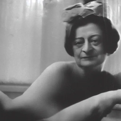 Prompt: a black and white hazy photo of Dorothy Parker in a bubble bath