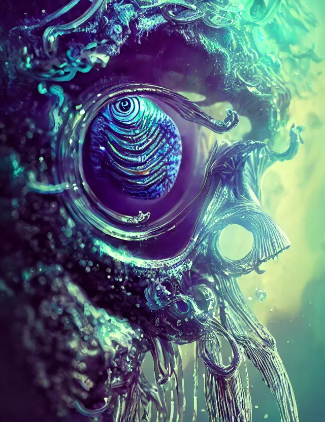 Image similar to eye of god macro close - up portrait with mask made of ram skull. betta fish, jellyfish phoenix, plasma, ice, water, wind, creature, super intricate ornaments artwork by tooth wu and wlop and beeple and greg rutkowski