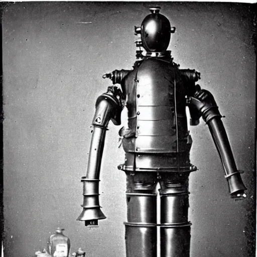Image similar to a photograph from 1890 of mech suit made out of a cast iron potbelly stove