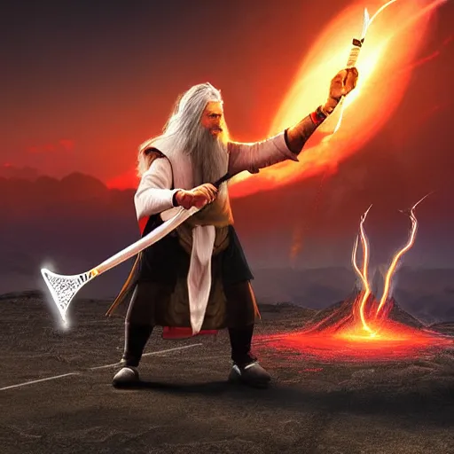 Image similar to Gandalf playing tennis with Sauron in front of Mount Doom. Sauron is wearing his full body armor. Digital Art, lava, dark, dramatic lighting