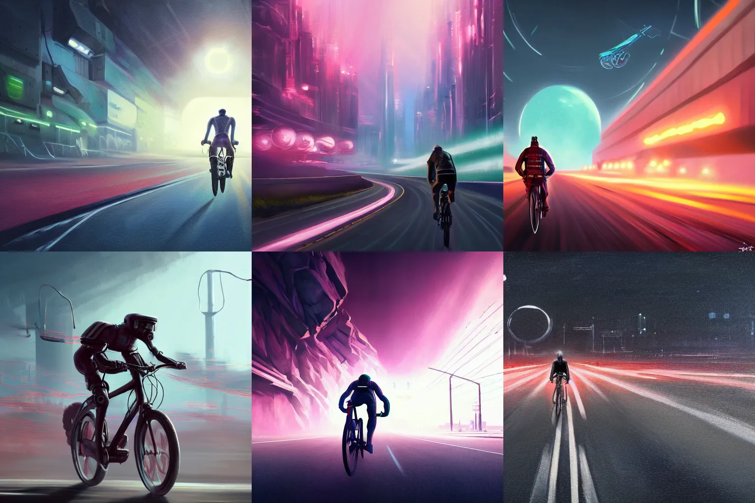 Prompt: realistic painting of a man racing a bicycle on an endless road on an alien cyberpunk neon planet, cinematic, atmospheric, 8k, tranquil, desolate, trending or artstation