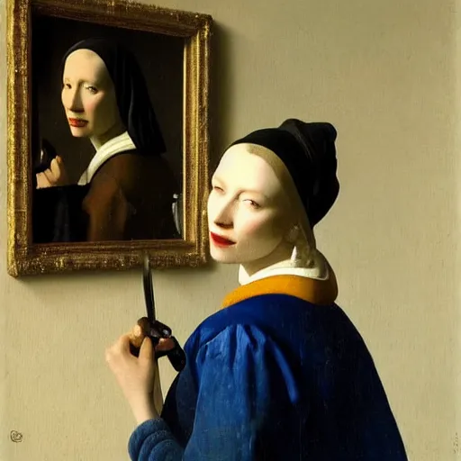 Prompt: cate blanchett in low-cut blouse in front of a mirror, painting by Vermeer