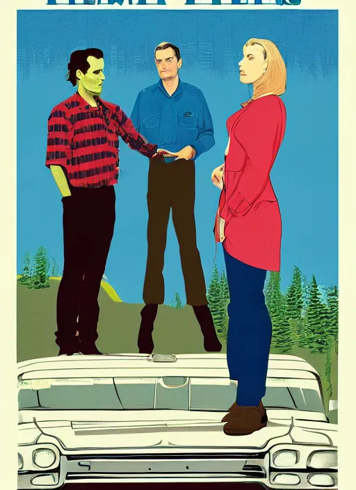 Image similar to Twin Peaks art, of Michael Shannon dressed as mechanic talking to Jennifer Connelly wearing light blue diner waitress dress, poster artwork by Bob Larkin, from scene from Twin Peaks, simple illustration, domestic, nostalgic, from scene from Twin Peaks, clean, New Yorker magazine cover