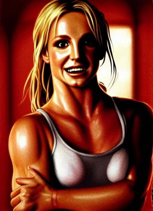 Image similar to A film still of Britney Spears as John Mcclane in die hard, highly detailed, digital painting, artstation, concept art, sharp focus, illustration, cinematic lighting, art by artgerm and greg rutkowski and alphonse mucha diffuse lighting, fantasy, intricate, elegant, highly detailed, lifelike, photorealistic, digital painting, artstation, illustration, concept art, smooth, sharp focus, art by John Collier and Albert Aublet and Krenz Cushart and Artem Demura and Alphonse Mucha