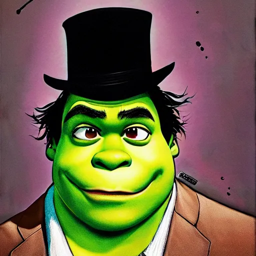 Image similar to prompt : shrek wearing a tuxedo portrait soft light painted by james jean and katsuhiro otomo and erik jones, inspired by akira anime, smooth face feature, intricate oil painting, high detail illustration, sharp high detail, manga and anime 1 9 9 9