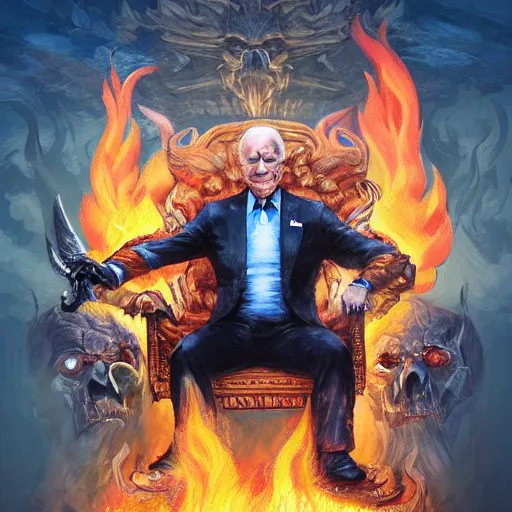 Image similar to Joe Biden sitting on a throne of skulls surrounded by fire, digital painting, highly detailed, trending on Artstation