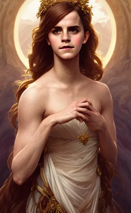 Image similar to portrait of emma watson as the goddess circe, greek mythology, intricate, headshot, highly detailed, digital painting, artstation, concept art, sharp focus, cinematic lighting, illustration, art by artgerm and greg rutkowski, alphonse mucha, cgsociety