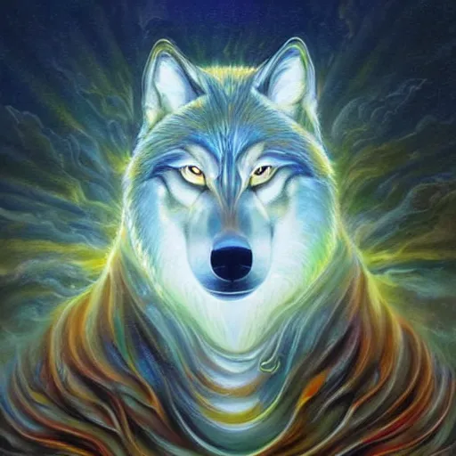 Prompt: enlightened spirit wolf teacher by MICHAEL DIVINE and by AMANDA SAGE in the style of oil painting visionary art, trending on artstation, very coherent symmetrical artwork, oil painting