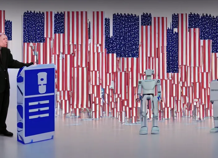 Prompt: dystopian humanoid robot dictator giving a propaganda speech to human like large flags with robot heads on them