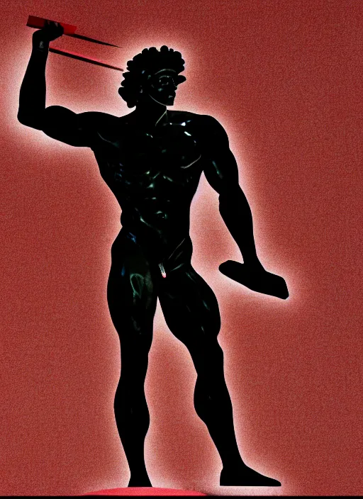 Image similar to black background, statue of hercules, thin red lines, dark, thin lines, neo vaporwave, trending on artstation