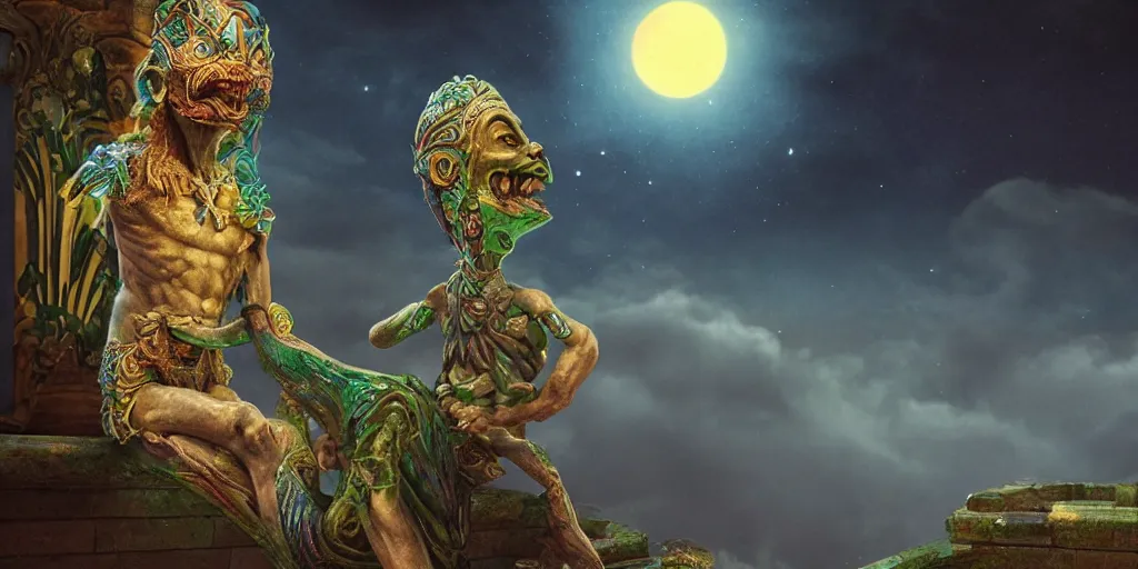 Image similar to a detailed digital art of a stoned ancient celtic god alien on a balcony, outside alone smoking weed, a tropical mountain on a full moon night with dark clouds in the skies, artstation, ornate, award - winning art, 8 k, vivid color scheme, tilt shift focus, wide angle shot