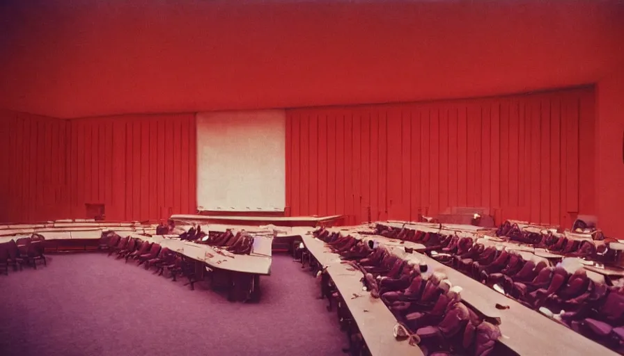 Prompt: 60s movie still of a sovietic stalinist style empty soviet congress with red wall, LOMOCHROME PURPLE FILM 100-400 35MM, liminal Space style, heavy grain