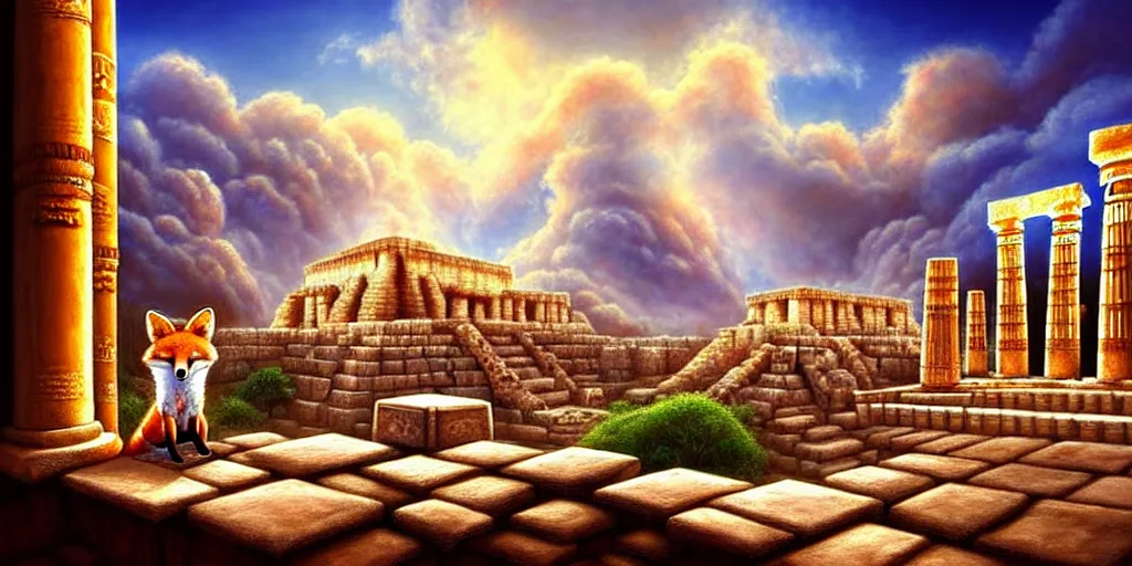 Image similar to illusion painting hidden temple in the clouds : an adorable small fox in the huge ruins of the second temple in jerusalem. a new temple hovers quietly hiding in the dreamy clouds above. a hooded bearded old man in a brown tunic laughing, colorful 8 k, art station, intricate superb details, digital art, illusion painting hidden image.