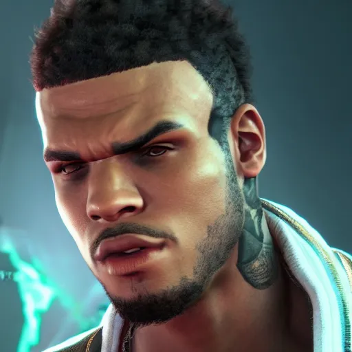 Image similar to a videogame still of Chris Brown in Tekken 7, 40mm lens, shallow depth of field, split lighting