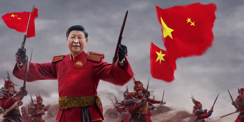 Image similar to mid shot cinematic artwork of a President Xi commanding an ancient Chinese army wearing red armor and holding red flags on the battlefield by greg rutowski, masterpiece, 4k