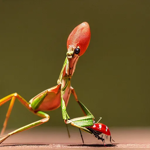 Image similar to a macro tilt shift render of a praying mantis eating a ladybug