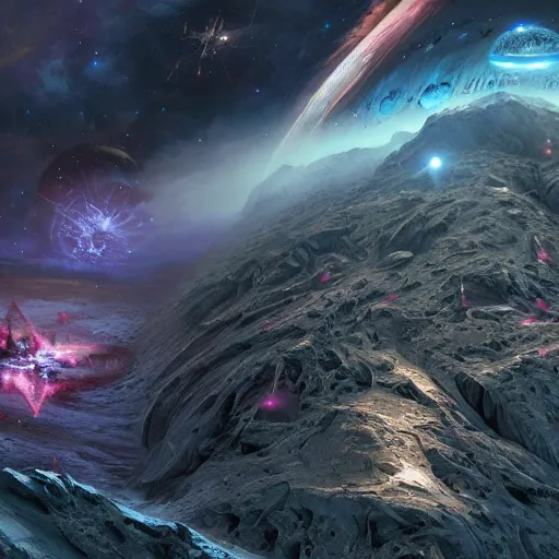 Image similar to intergalactic war, outer space, cosmic, magic, spells, sparks, by Stephan Martiniere, Gustave Doré and Alexander Fedosav, Hyper detailed digital matte painting, concept art, hyperrealism, Cinema 4D, 8k resolution, 64 megapixels, coherent, CGSociety, ZBrush Central, behance HD, hypermaximalist, a masterpiece, 4K