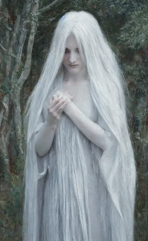 Prompt: say who is this with silver hair so pale and wan! and thin!? female angel, wearing long silver robes, flowing hair, pale fair skin, you g face, silver hair, covered!!, clothed!! lucien levy - dhurmer, jean deville, oil on canvas, 1 8 9 6, 4 k resolution, aesthetic!, mystery