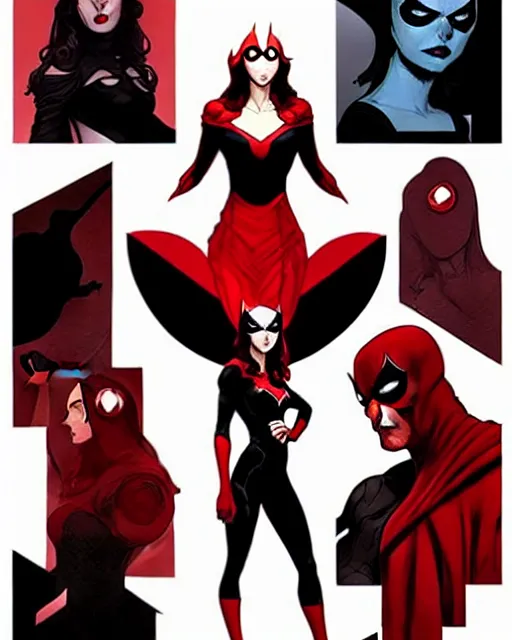 Prompt: rafael albuquerque comic art, peter mohrbacher, phil noto, artgerm, pretty evil elizabeth olson scarlet witch, black and red dress, symmetrical eyes