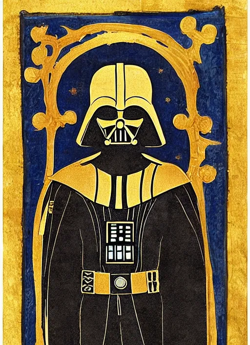 Prompt: Darth Vader in a page from from an illuminated manuscript, gold leaf, high detail