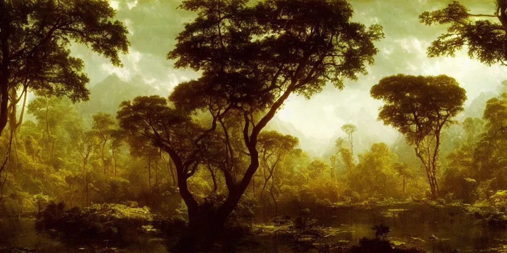 Image similar to landscape image of an extremely alien jungle planet, by Albert Bierstadt