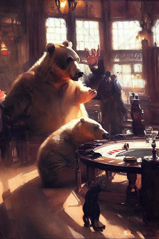 Prompt: portrait of professional gambling bear in the club by anders zorn, wonderful masterpiece by greg rutkowski, beautiful cinematic light, by greg manchess, jessica rossier