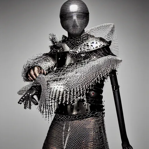 Image similar to a portrait of a beautiful young male wearing an alexander mcqueen armor made of net , photographed by andrew thomas huang, artistic