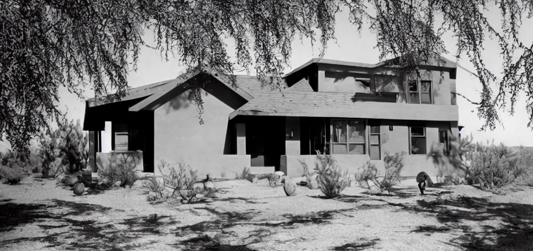 Prompt: single - family craftsman house in desert photographed by stanley kubrick.