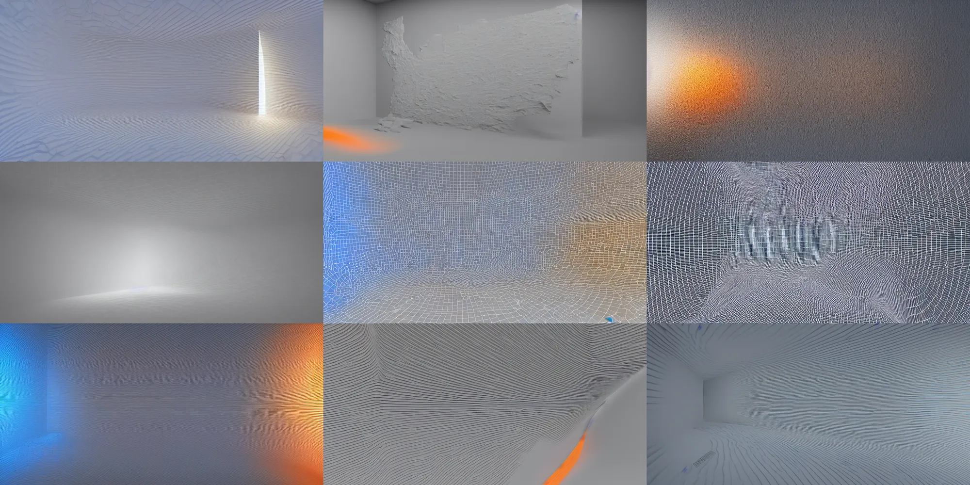 Prompt: photogrammetry polycam lidar 3 d scan model on very beautiful white wall with beautiful contrast of light and shadow, orange to blue gradient luminescence, optical illusion, close - up, in focus, reflection