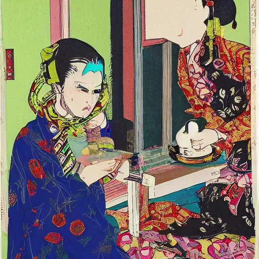 Image similar to Japanese beauty wrapped in a snake having tea with her husband by Toshio Saeki, high detailed