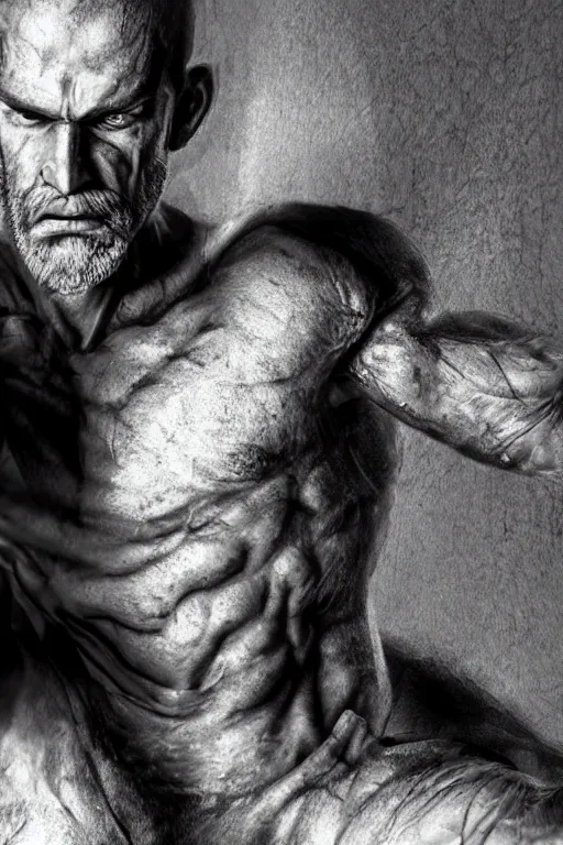 Image similar to a single muscular man wearing torn clothes, looking to the right, profile picture, hyperrealistic, concept art, octane render, unreal engine 5, trending on artstation, high quality, highly detailed, 8 k, dramatic lighting, cinematic, high coherence, anatomically correct, five fingers, digital art, seductive, black and white, big beard
