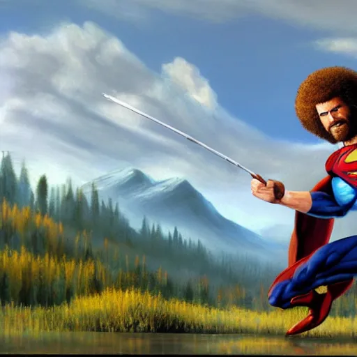 Image similar to a closeup photorealistic photograph of bob ross working on a canvas painting of superman. film still. brightly lit scene. mountains and trees. this 4 k hd image is trending on artstation, featured on behance, well - rendered, extra crisp, features intricate detail, epic composition and the style of unreal engine.